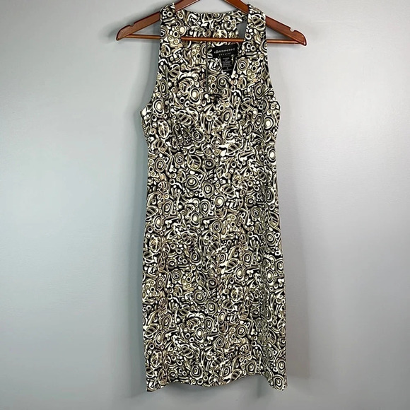 CONNECTED APPAREL Leaf Flower Print Sleeveless  Knee Length Dress Black Tan 6 - Picture 11 of 11